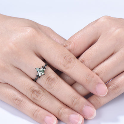 Kite Cut Moss Agate Moon Engagement Ring: Black Gold Accent Black Rutilated Quartz Band