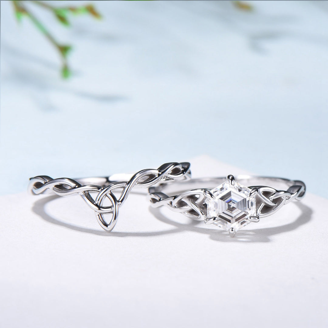 Norse Viking Hexagon Moissanite Ring Set Celtic Love Knot Moissanite Engagement Ring White Gold Unique Twisted Wedding Ring Set For Women - PENFINE