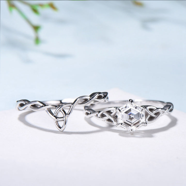 Norse Viking Hexagon Moissanite Ring Set Celtic Love Knot Moissanite Engagement Ring White Gold Unique Twisted Wedding Ring Set For Women - PENFINE