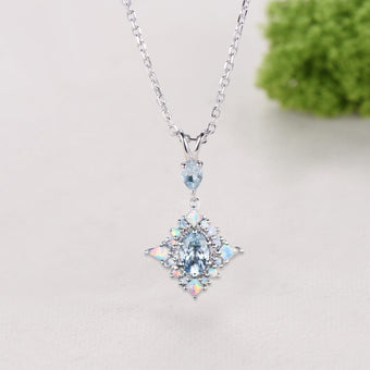Elegant Oval Cut Natural Aquamarine Pendant White Opal Halo Wedding Necklace