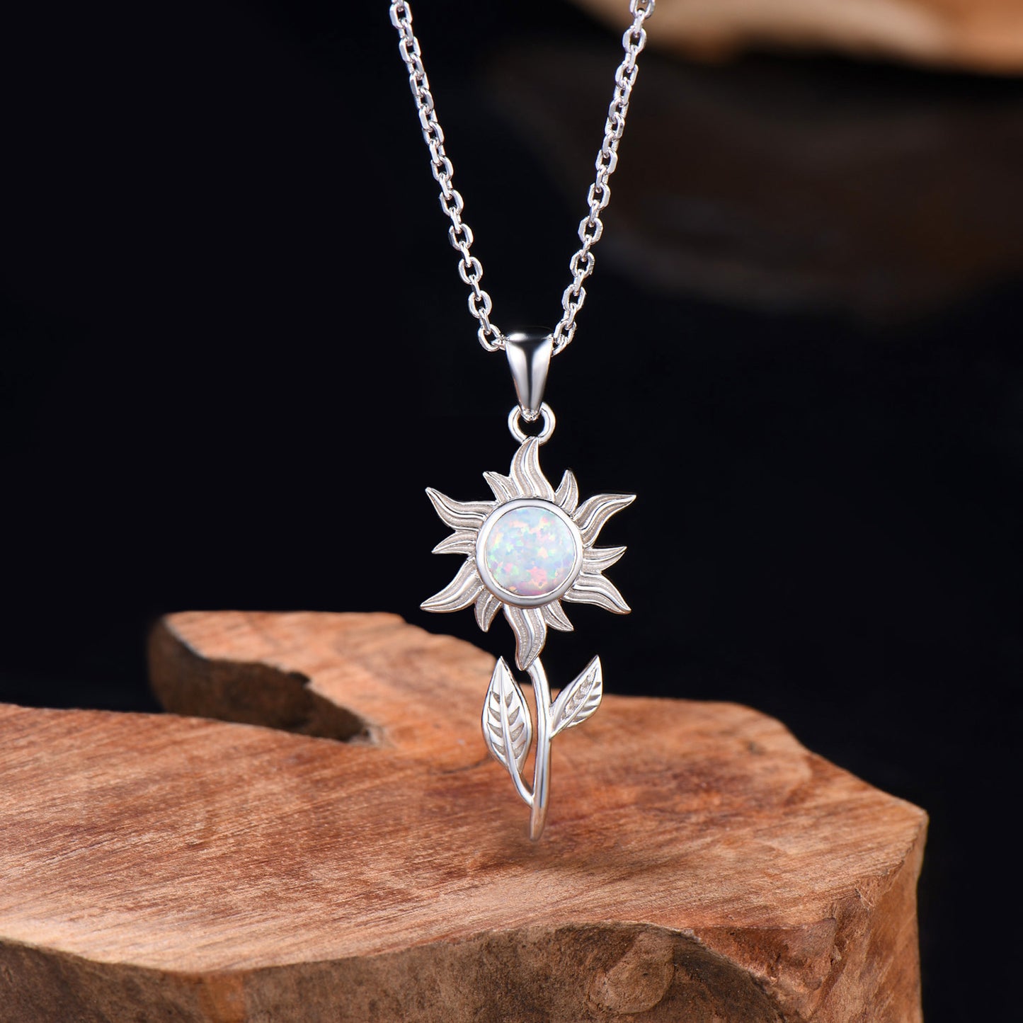 Dainty White Fire Opal Sunflower Pendant Necklace, Nature Inspired Charm