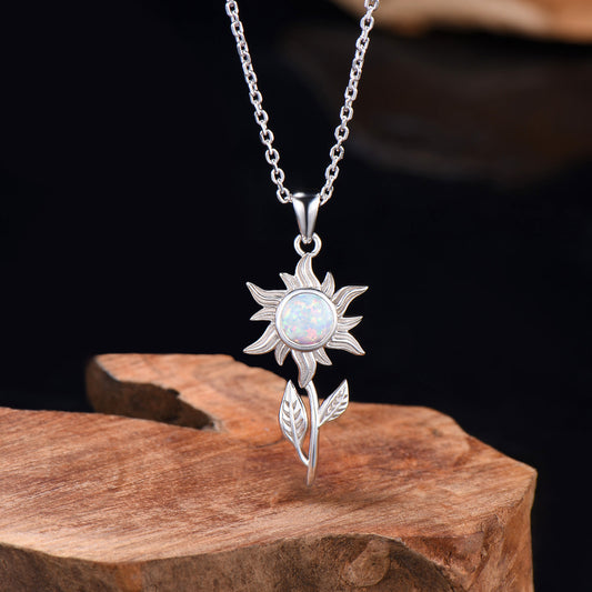 Dainty White Fire Opal Sunflower Pendant Necklace, Nature Inspired Charm