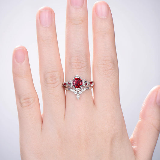 Vintage Red Ruby Engagement Ring Set Unique Leaves Nature Inspired Wedding Ring Rose Gold Art Deco Moissanite Bridal Ring Set for Women - PENFINE