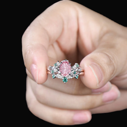 1.5CT Fantasy Cut Padparadscha Sapphire Leaf Bridal Set Emerald Nature Inspired Ring