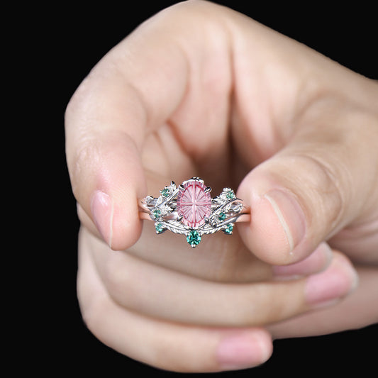1.5CT Fantasy Cut Padparadscha Sapphire Leaf Bridal Set Emerald Nature Inspired Ring