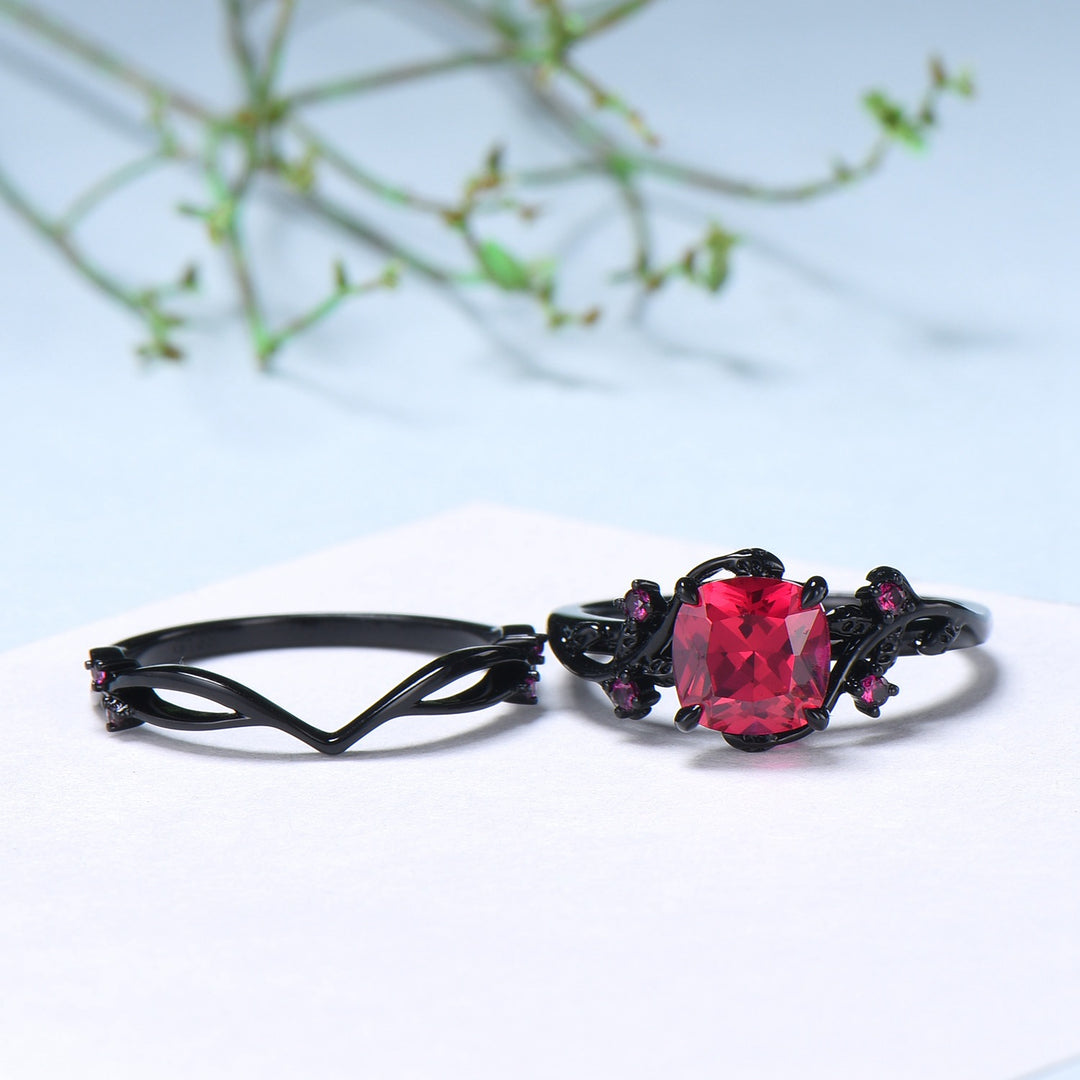 Unique gothic cushion cut ruby wedding ring set black gold natural inspired ruby engagement ring for women unique July birthstone bridal set - PENFINE