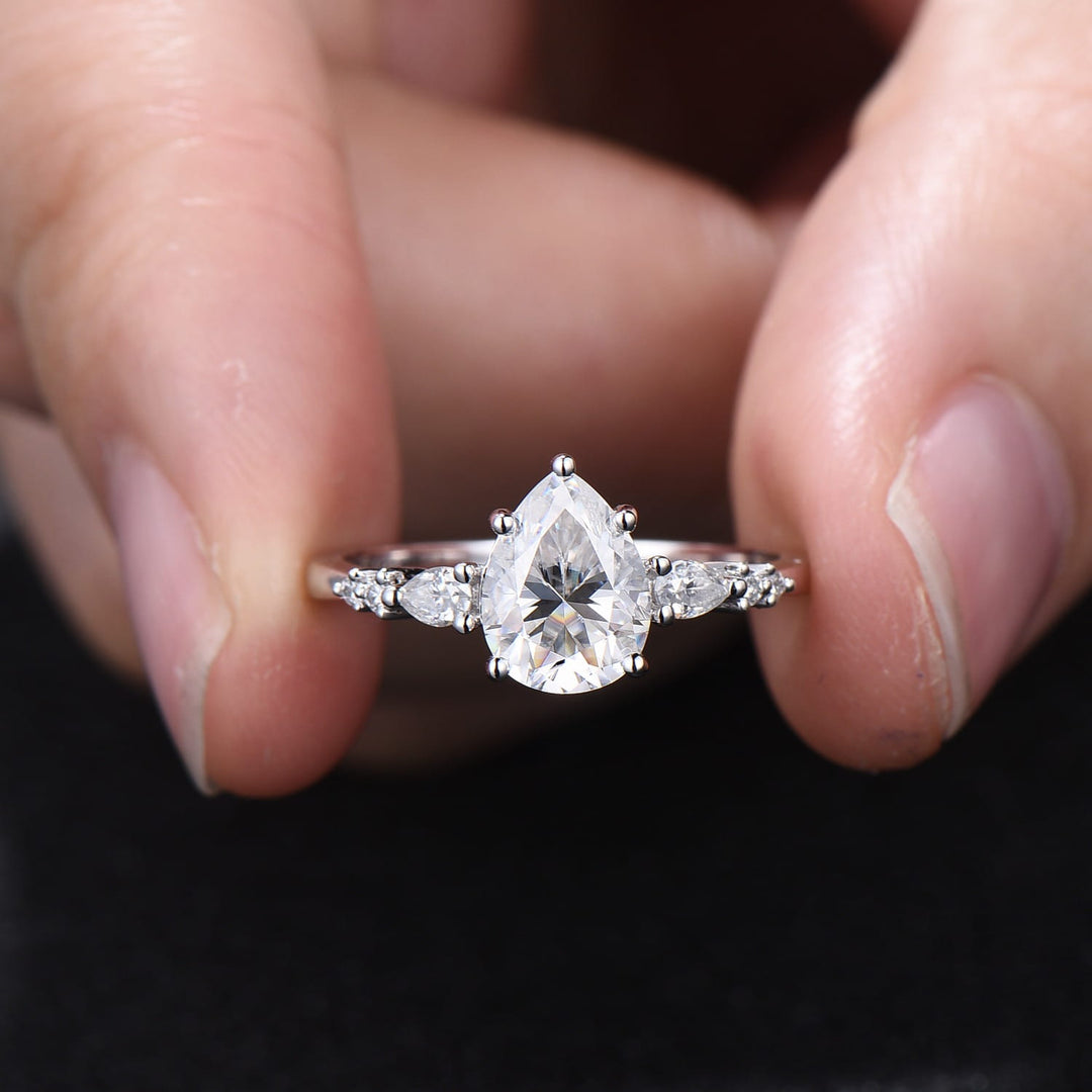 1.25CT pear shaped moissanite ring vintage 7 stone Moissanite engagement ring white gold Wedding Ring Women Unique Bridal Ring Proposal Gift - PENFINE