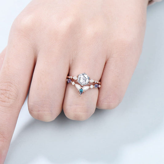 Hexagon moissanite engagement ring set art deco rose gold unique vintage engagement ring pear moissanite kite alexandrite wedding ring set - PENFINE