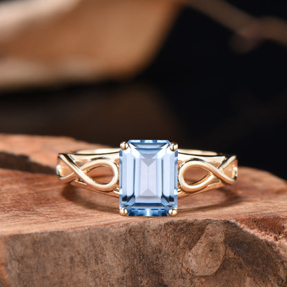 Emerald Cut Aquamarine Ring, Yellow Gold, Infinite Love Band