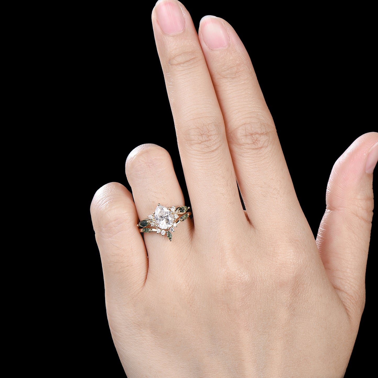 Vintage Pear Shaped Lab Grown Diamond Engagement Ring Set Marquise Moss Agate Wedding Ring Set