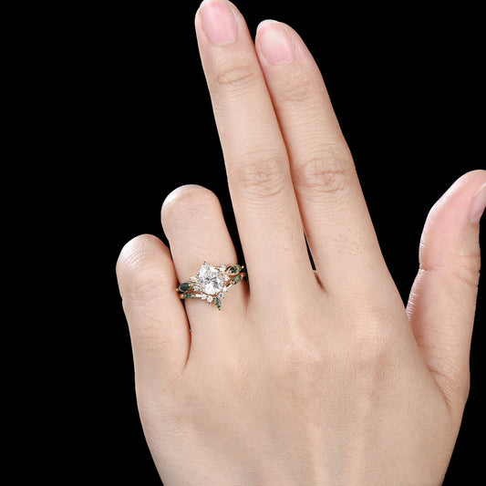 Vintage Pear Shaped Lab Grown Diamond Engagement Ring Set Marquise Moss Agate Wedding Ring Set