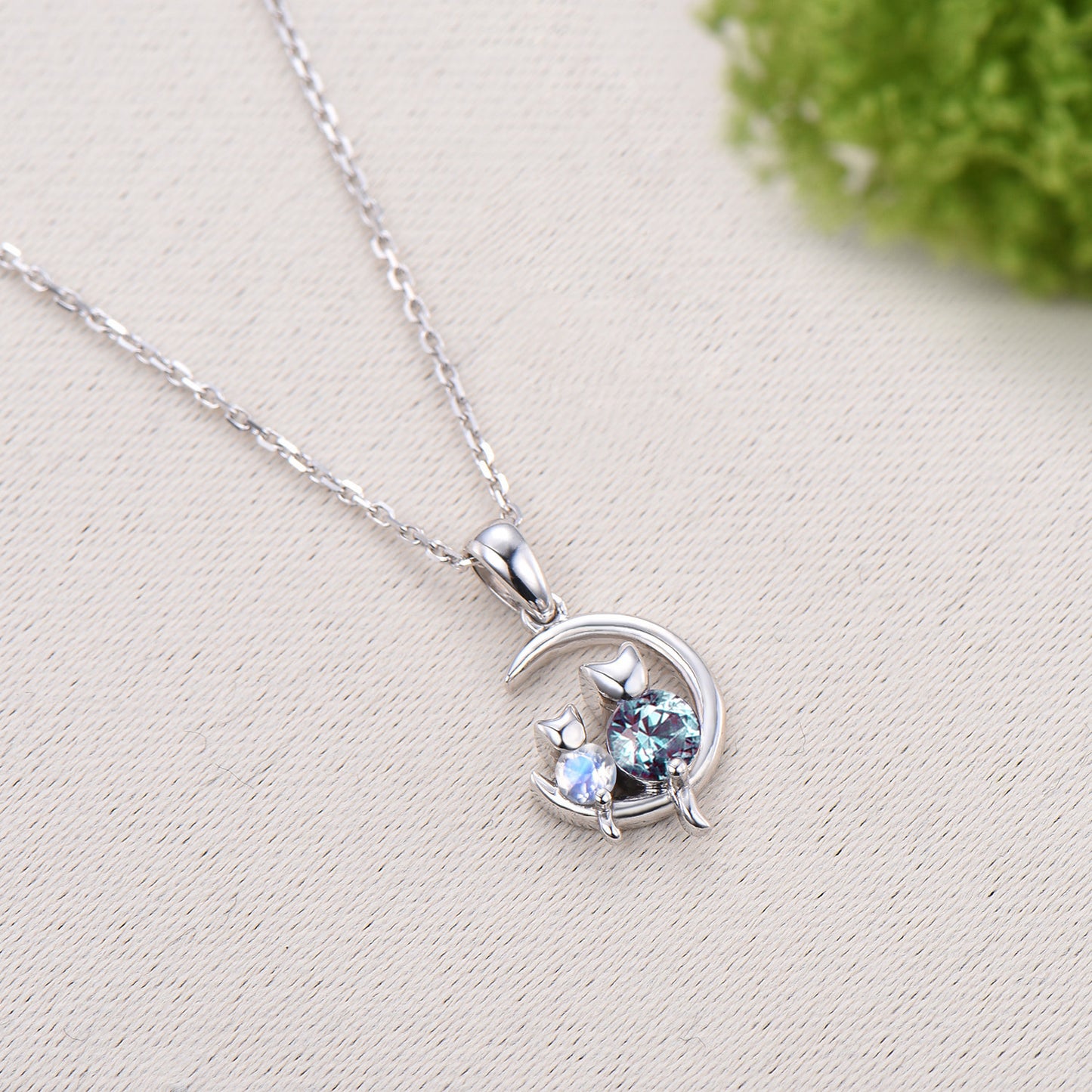Dainty cat alexandrite moonstone necklace cute silver white gold moon family pendant personalized Two cats lying on the moon rocking chair