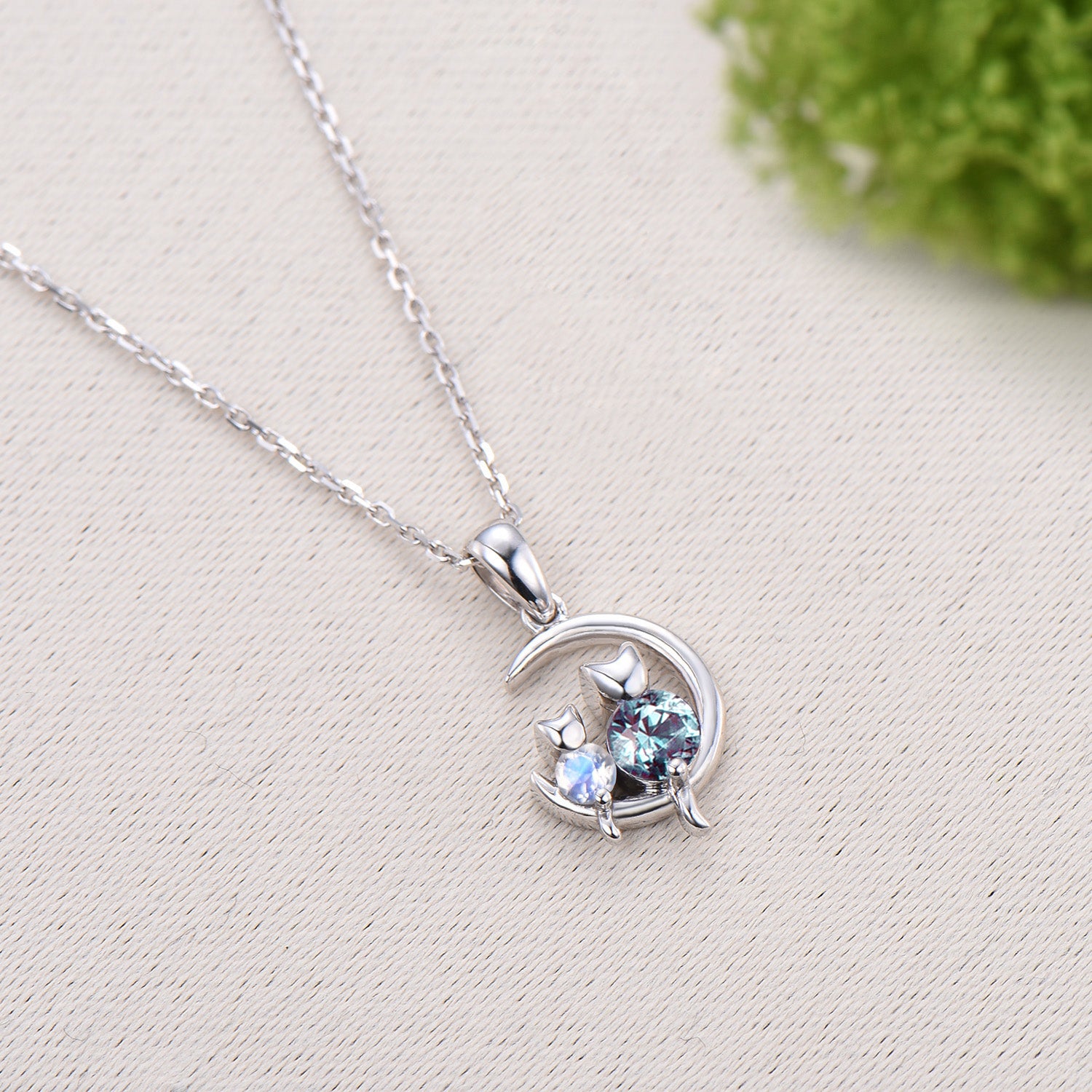 Dainty cat alexandrite moonstone necklace cute silver white gold moon family pendant personalized Two cats lying on the moon rocking chair