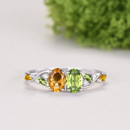 Vintage Peridot Citrine Engagement Ring | 14K White Gold Two Stone Oval Cut Promise Ring - PENFINE