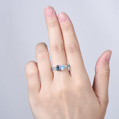 Toi et Moi Alexandrite Moonstone Engagement Ring | Unique Two Stone Vine Eternity Band - PENFINE