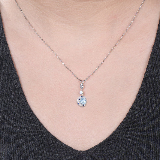 Elegant Round Cut Aquamarine Necklace Moissanite Halo Opal White Gold Moon Necklace