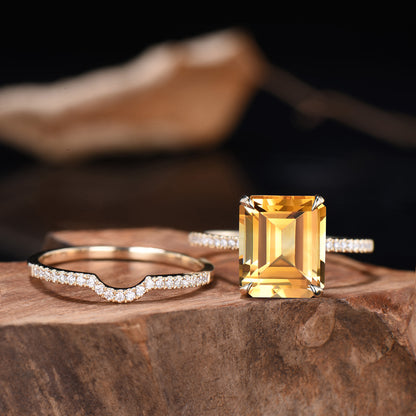 Emerald Cut Citrine Engagement Ring Set, Diamond Half Eternity Band, Rose Gold