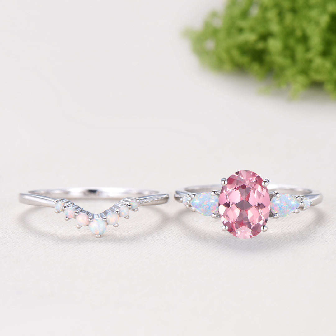 1.5 Carat Oval Padparadscha Sapphire Engagement Ring Set, Pear White Opal Wedding Band, Fire Opal Stacking Pink Gemstone Wedding Bridal Set
