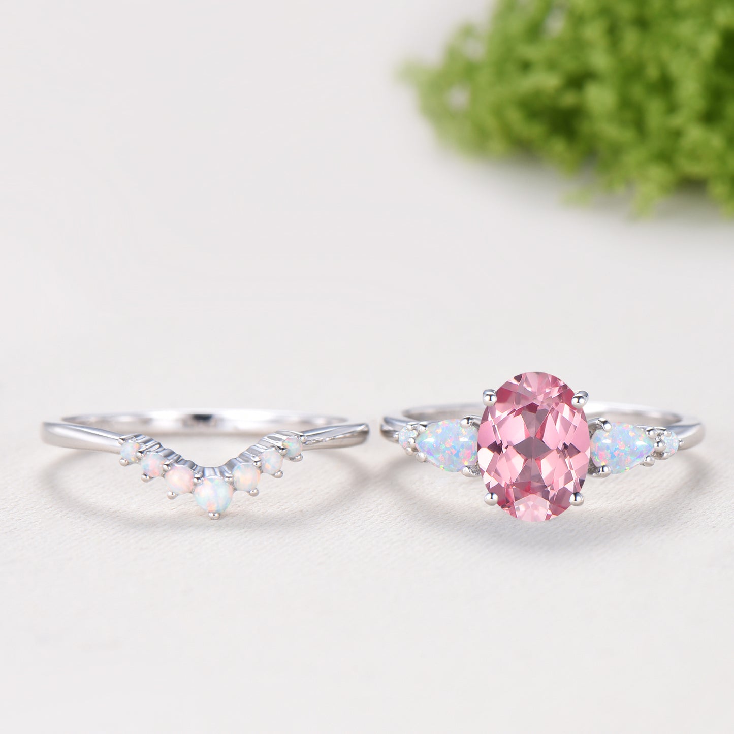 1.5 Carat Oval Padparadscha Sapphire Engagement Ring Set, Pear White Opal Wedding Band, Fire Opal Stacking Pink Gemstone Wedding Bridal Set