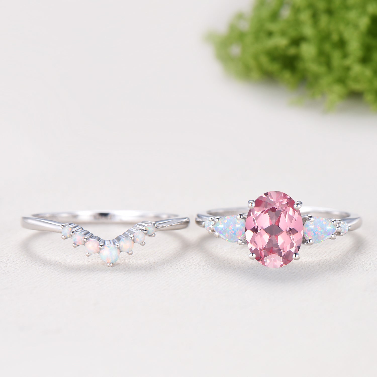 1.5 Carat Oval Padparadscha Sapphire Engagement Ring Set, Pear White Opal Wedding Band, Fire Opal Stacking Pink Gemstone Wedding Bridal Set