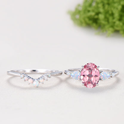 1.5 Carat Oval Padparadscha Sapphire Engagement Ring Set, Pear White Opal Wedding Band, Fire Opal Stacking Pink Gemstone Wedding Bridal Set