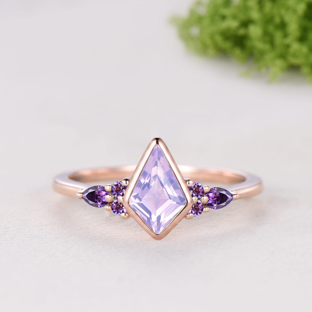 Kite Cut Lavender Amethyst Bezel Set Engagement Ring Amethyst Band Rose Gold Ring Set