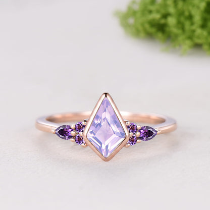 Kite Cut Lavender Amethyst Bezel Set Engagement Ring Amethyst Band Rose Gold Ring Set