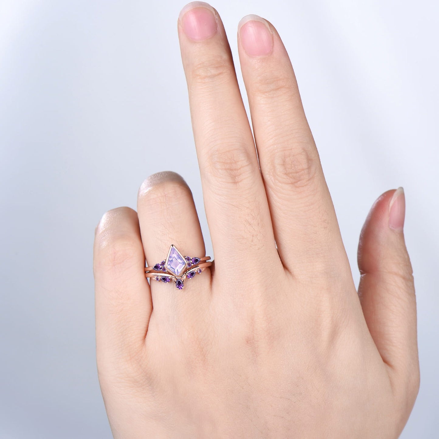 Kite Cut Lavender Amethyst Bezel Set Engagement Ring Amethyst Band Rose Gold Ring Set