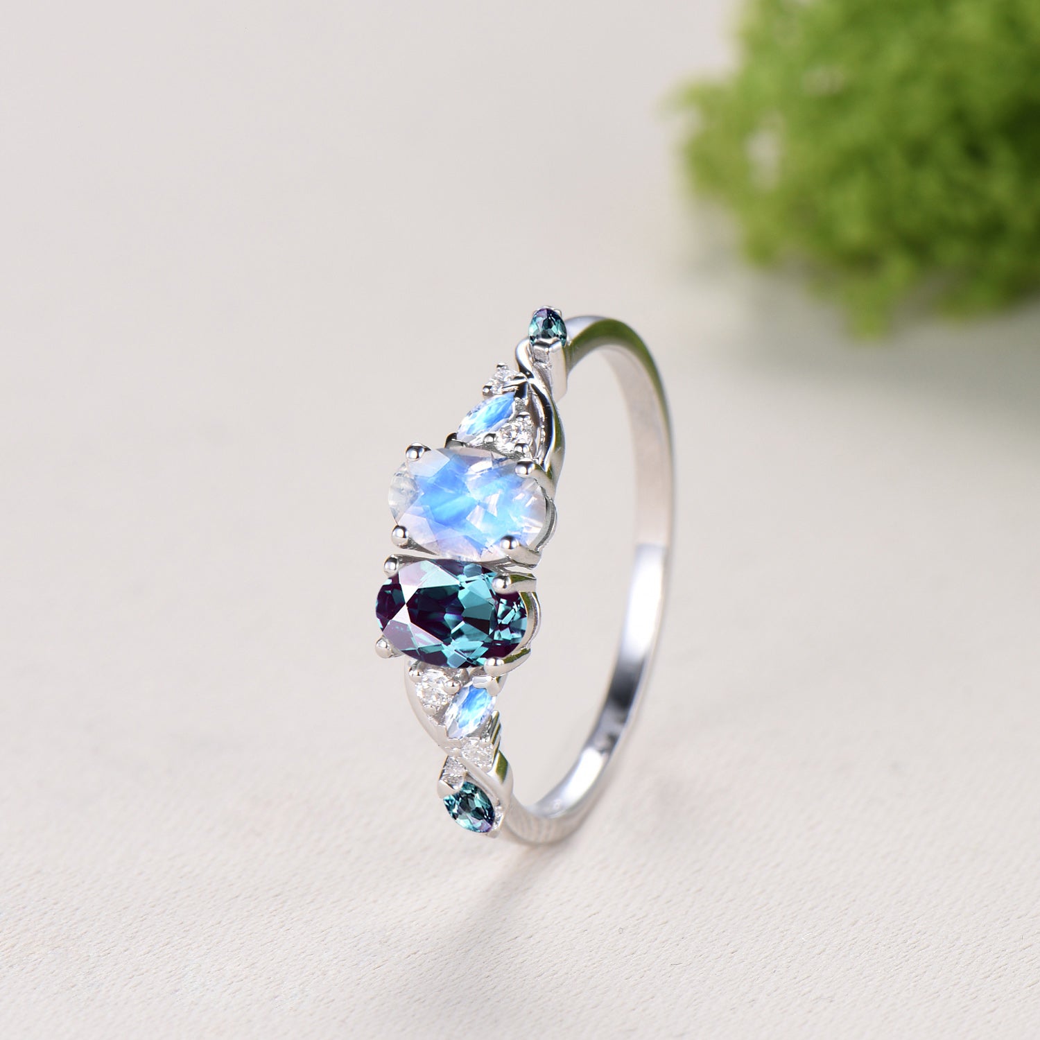 Toi et Moi Alexandrite Moonstone Engagement Ring | Unique Two Stone Vine Eternity Band - PENFINE