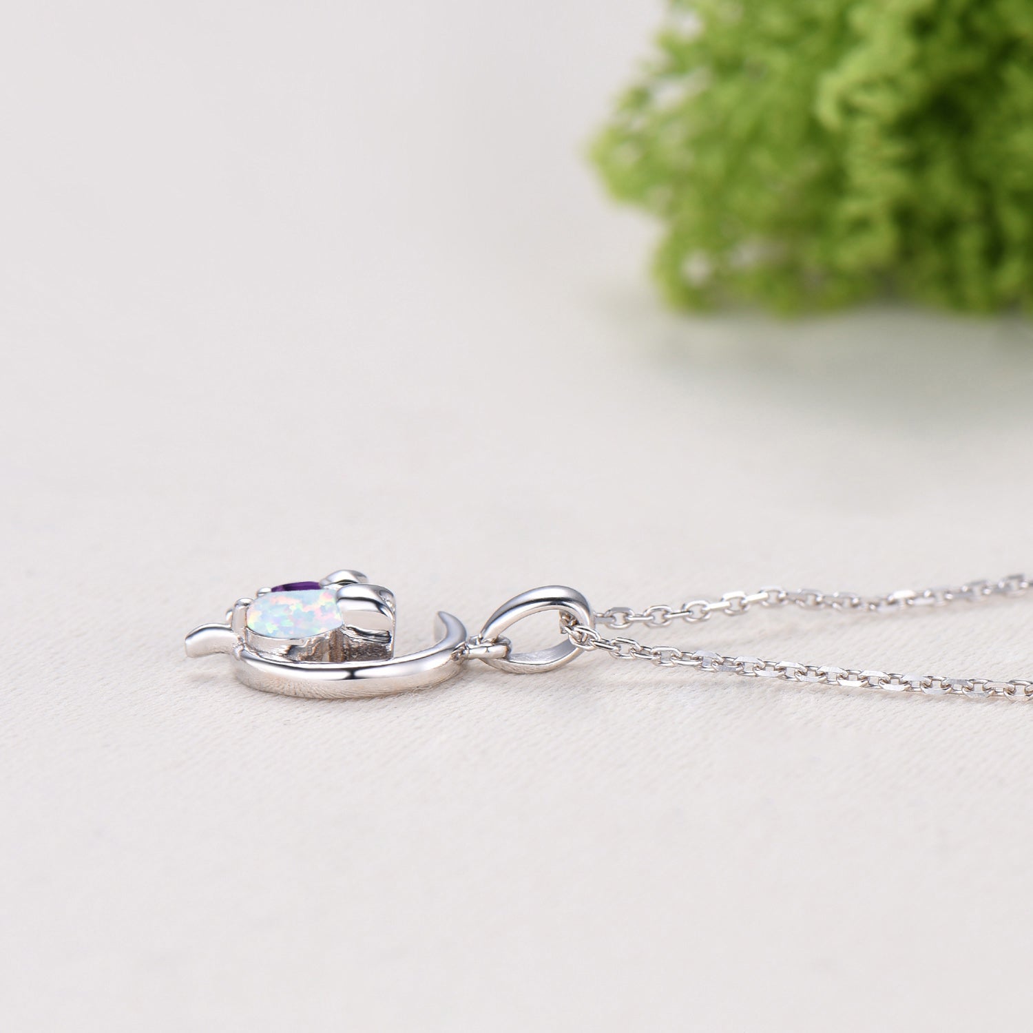 Dainty cat opal amethyst necklace silver white gold moon family pendant personalized Jewelry