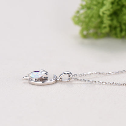 Dainty cat opal amethyst necklace silver white gold moon family pendant personalized Jewelry