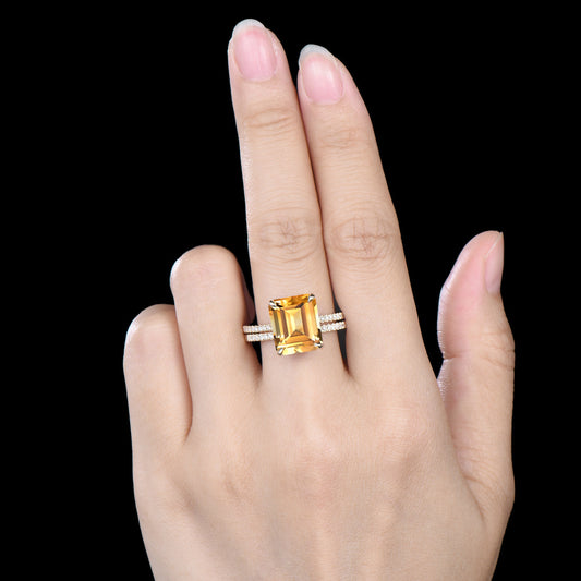 Emerald Cut Citrine Engagement Ring Set, Diamond Half Eternity Band, Rose Gold