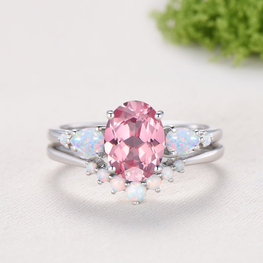 1.5 Carat Oval Padparadscha Sapphire Engagement Ring Set, Pear White Opal Wedding Band, Fire Opal Stacking Pink Gemstone Wedding Bridal Set