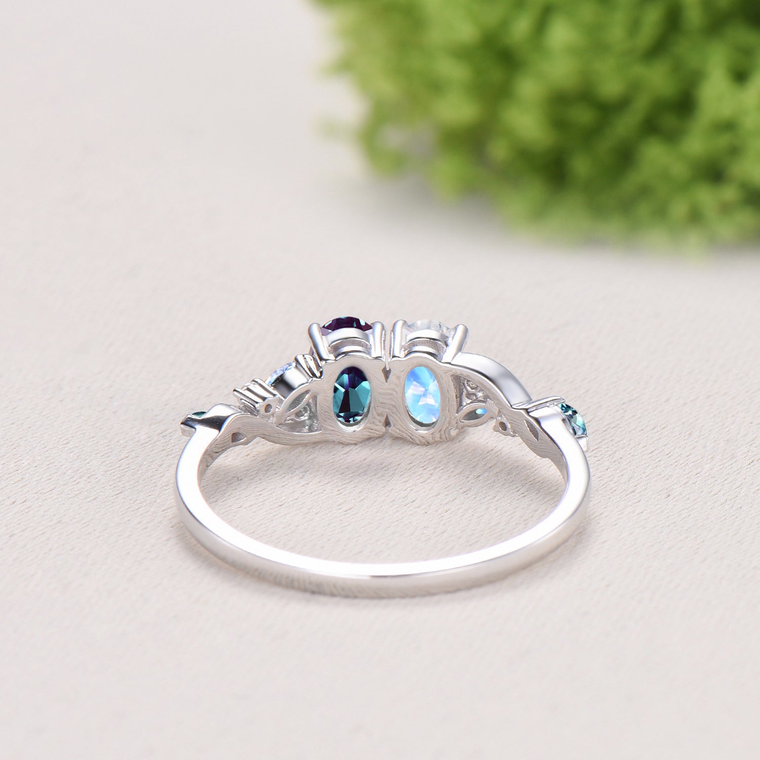 Toi et Moi Alexandrite Moonstone Engagement Ring | Unique Two Stone Vine Eternity Band - PENFINE