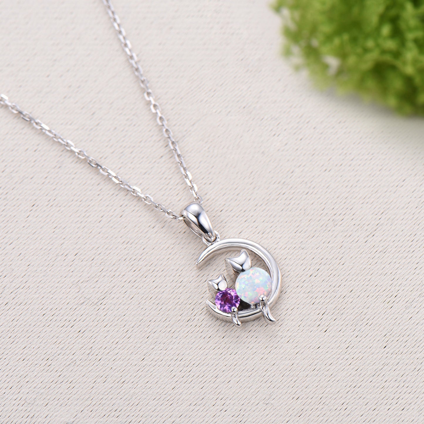 Dainty cat opal amethyst necklace silver white gold moon family pendant personalized Jewelry