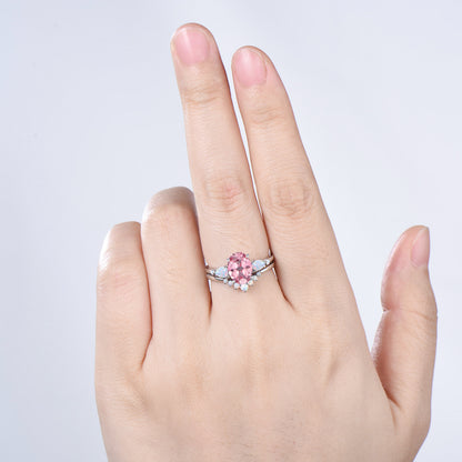 1.5 Carat Oval Padparadscha Sapphire Engagement Ring Set, Pear White Opal Wedding Band, Fire Opal Stacking Pink Gemstone Wedding Bridal Set