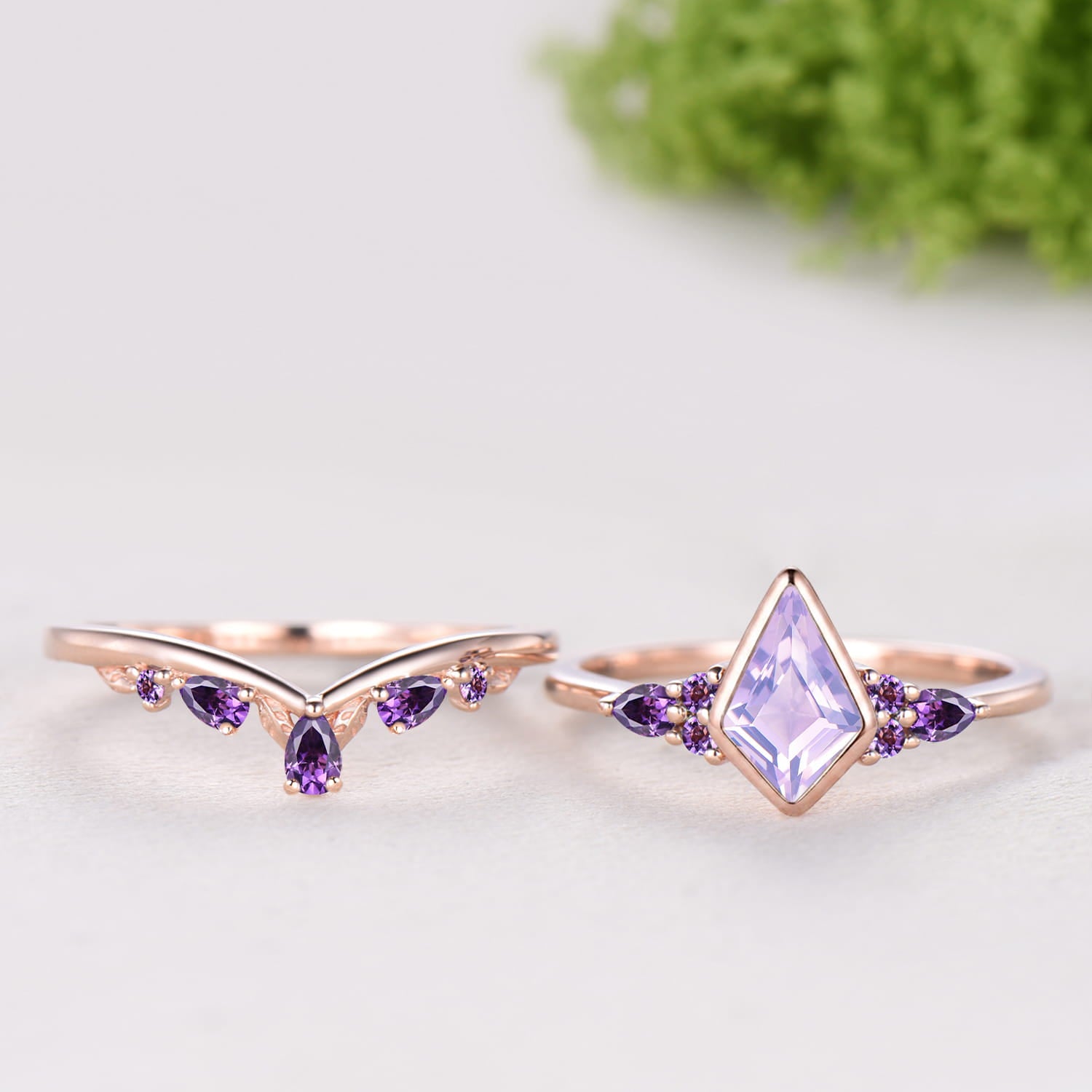 Kite Cut Lavender Amethyst Bezel Set Engagement Ring Amethyst Band Rose Gold Ring Set