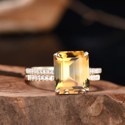 Emerald Cut Citrine Engagement Ring Set, Diamond Half Eternity Band, Rose Gold