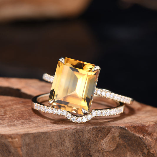 Emerald Cut Citrine Engagement Ring Set, Diamond Half Eternity Band, Rose Gold