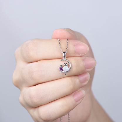 Dainty cat opal amethyst necklace silver white gold moon family pendant personalized Jewelry