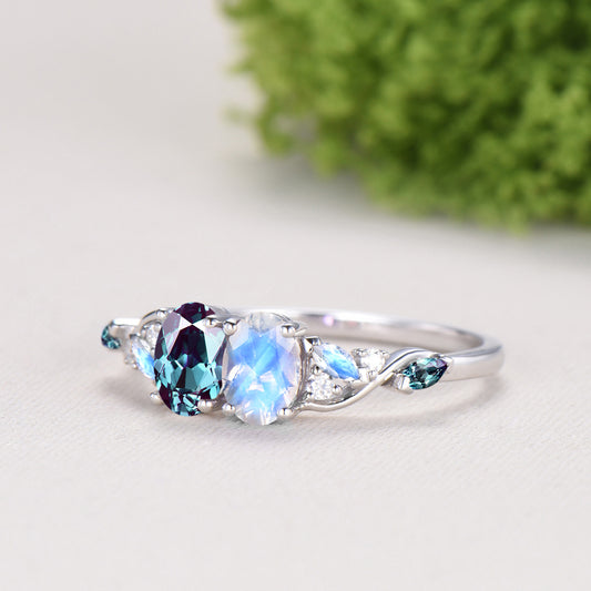 Toi et Moi Alexandrite Moonstone Engagement Ring | Unique Two Stone Vine Eternity Band - PENFINE