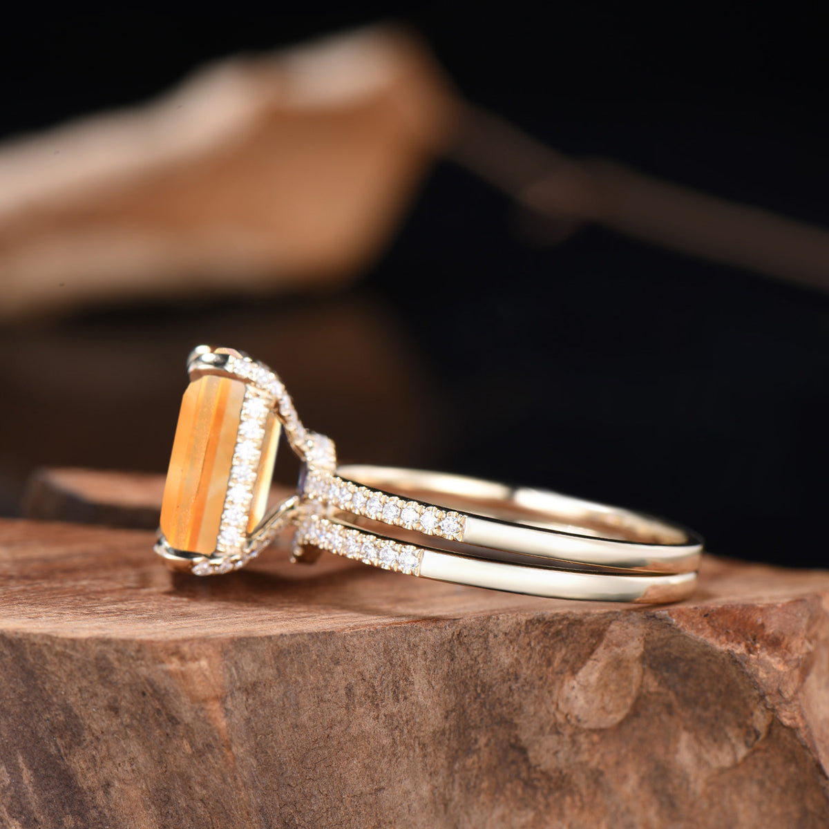 Emerald Cut Citrine Engagement Ring Set, Diamond Half Eternity Band, Rose Gold