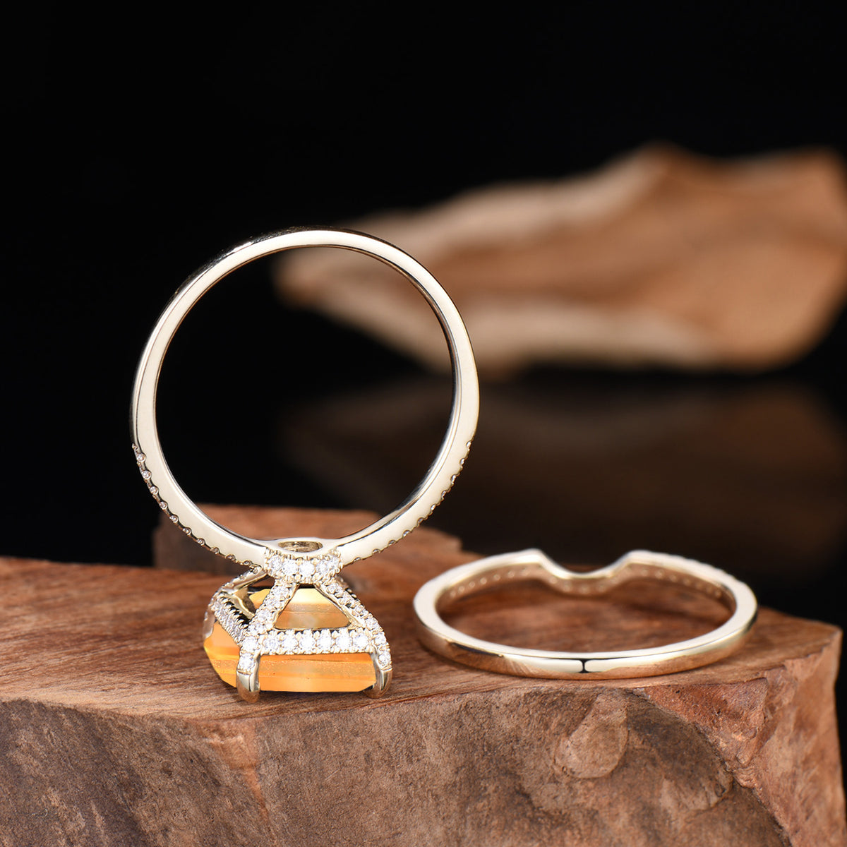 Emerald Cut Citrine Engagement Ring Set, Diamond Half Eternity Band, Rose Gold