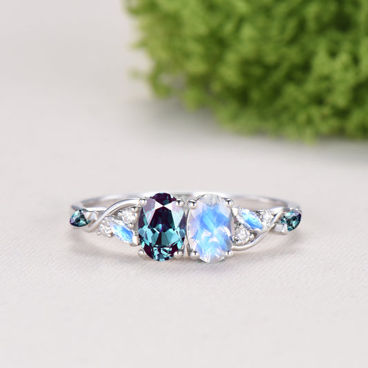 Toi et Moi Alexandrite Moonstone Engagement Ring | Unique Two Stone Vine Eternity Band - PENFINE