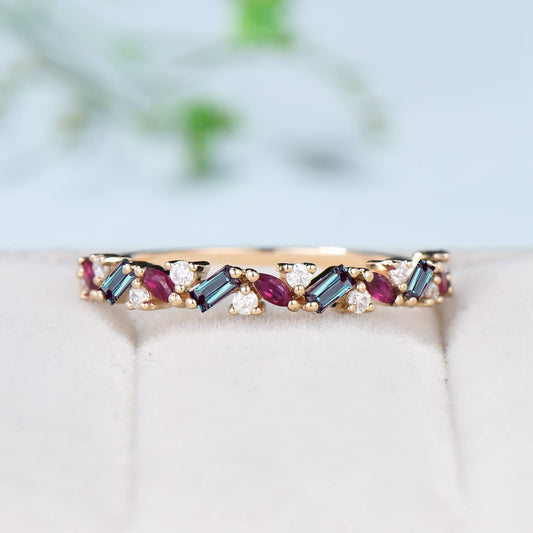 Vintage Alexandrite Ruby Eternity Wedding Band Women Unique Baguette Alexandrite Stackable Ring Marquise Ruby Matching Band Anniversary Gift - PENFINE