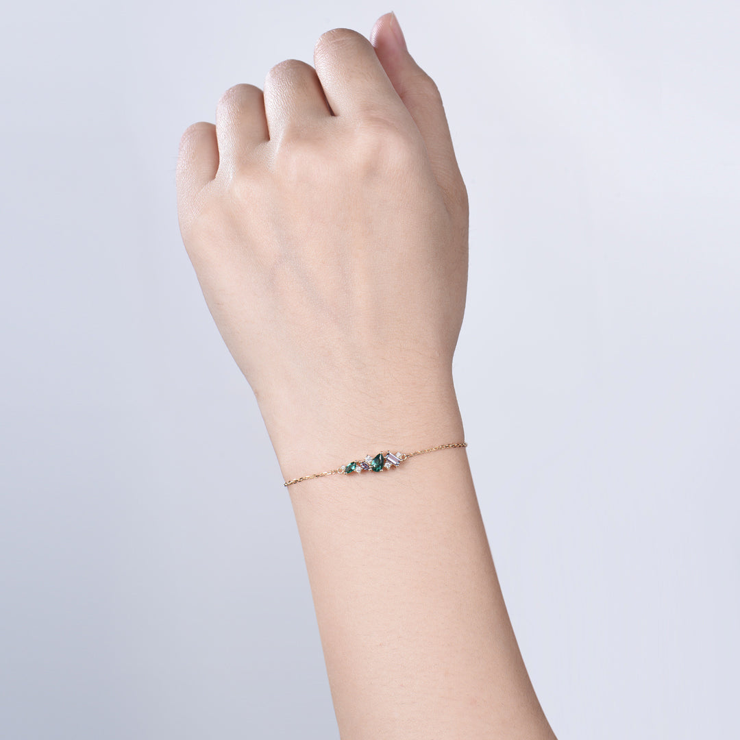 Elegant Pear Shaped Emerald Bracelet Multi-Stone Baguette Alexandrite Moissanite Lobster Claw Bracelet Silver Gold Art Deco Anniversary Gift