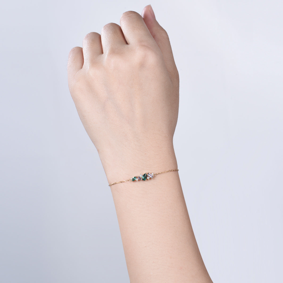 Elegant Pear Shaped Emerald Bracelet Multi-Stone Baguette Alexandrite Moissanite Lobster Claw Bracelet Silver Gold Art Deco Anniversary Gift