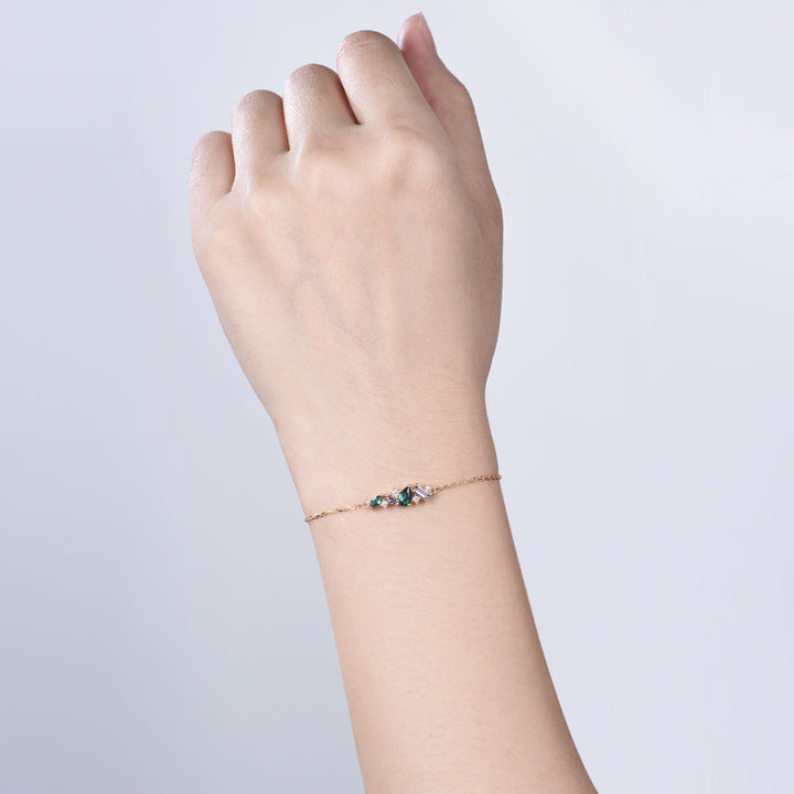 Elegant Pear Shaped Emerald Bracelet Multi-Stone Baguette Alexandrite Moissanite Lobster Claw Bracelet Silver Gold Art Deco Anniversary Gift