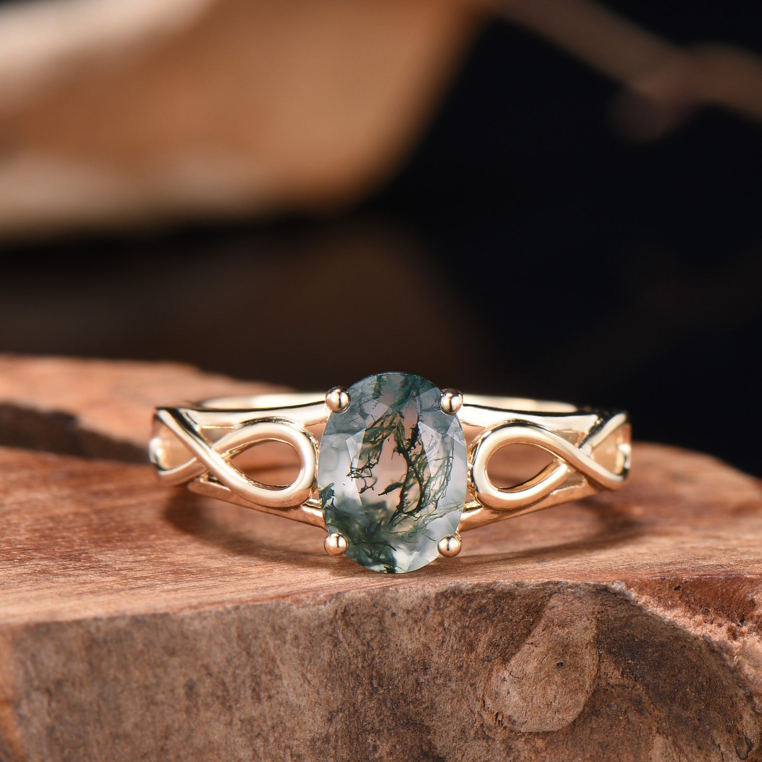 Noese Viking Moss Agate Engagement Ring, Infinite Love Solitaire, Yellow Gold
