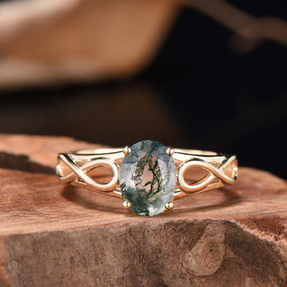Noese Viking Moss Agate Engagement Ring, Infinite Love Solitaire, Yellow Gold